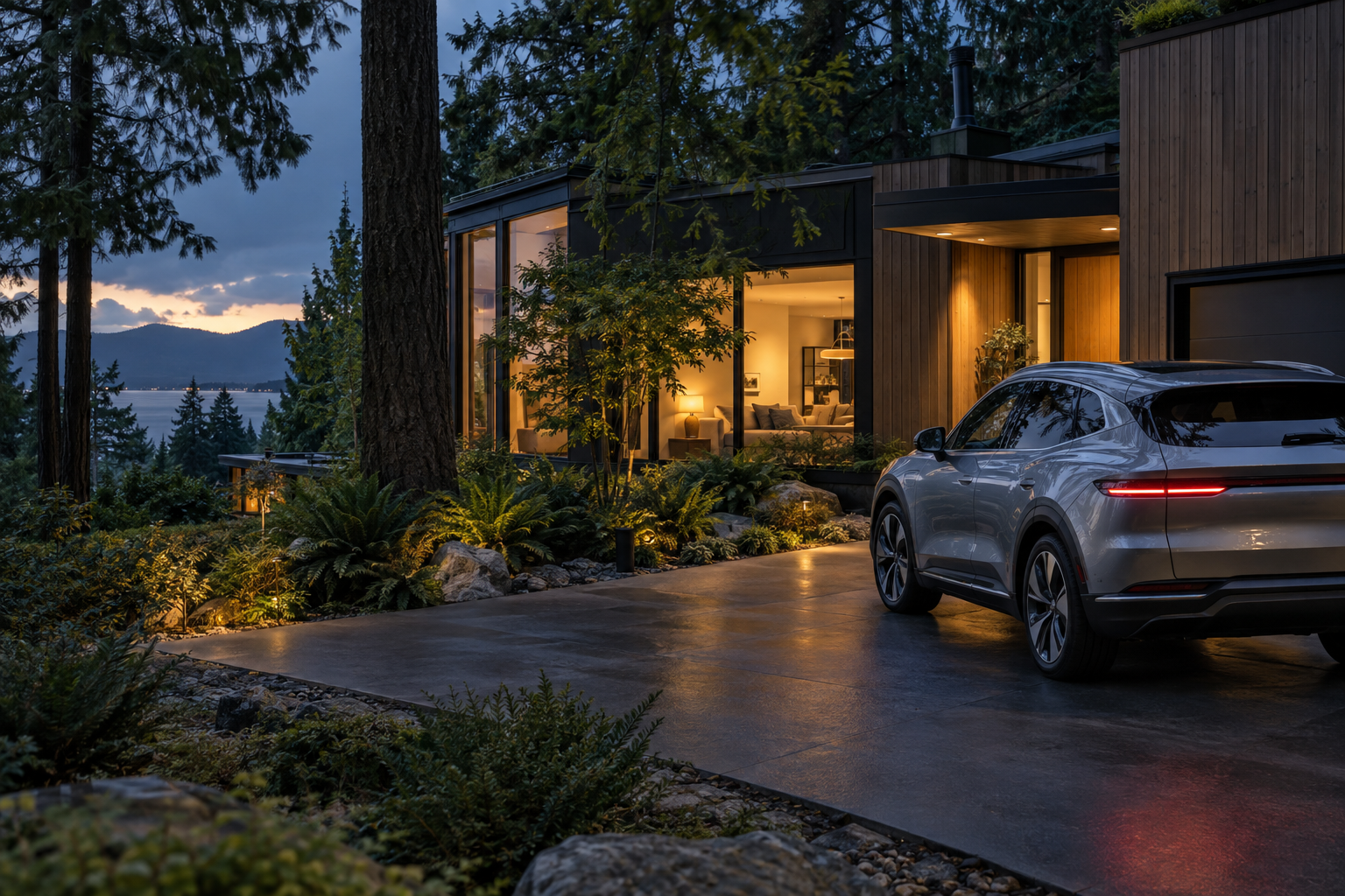 Warmly lit home and electric car at dusk
